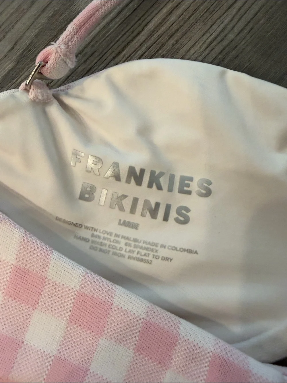 Frankie's Bikinis Pink and White Gingham Bandeau Top L